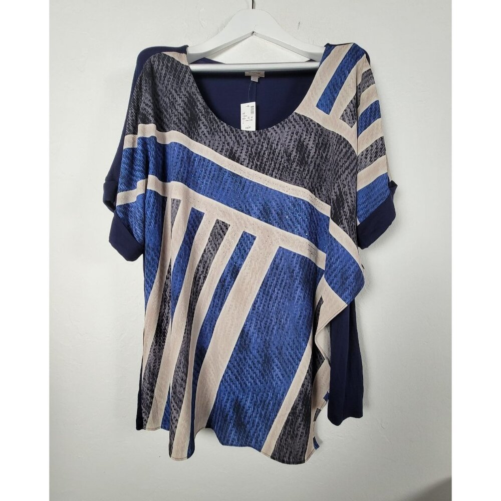 Avenue Womens Blue Beige Geometric Embellished Asymmetrical Top 18/20 New $55